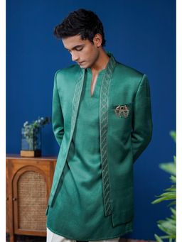 Philocaly - Vishruta Set Regular Plain Green Bandhgala and Kurta