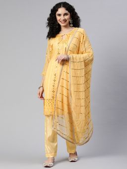 Readiprint - Semi-Stitched Straight Style Georgette Fabric Yellow Kurta with Bottom & Dupatta (Set of 3)
