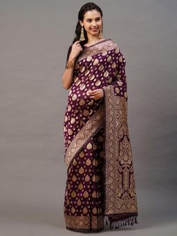 Akhilam - Wine Festive Silk Blend Woven Design Saree with Unstitched