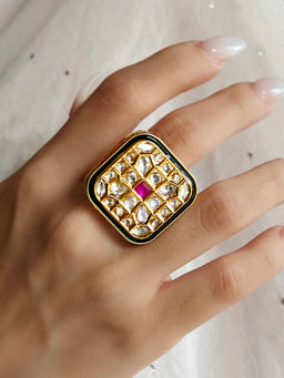 Azai by Nykaa Fashion - Gold Square Ring with Kundan Stone