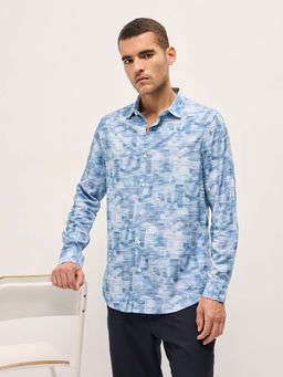 The Bear House - Men Blue Printed Formal Shirt