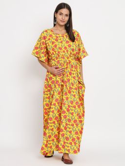 AUJJESSA - Yellow Multi Printed Front Zipper Maternity Feeding Kaftan