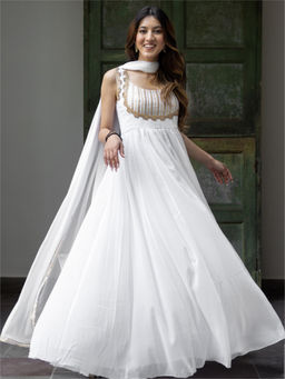 Lavanya The Label - White Georgette Long Dress (Set of 2)