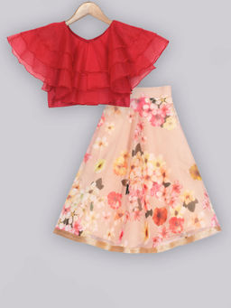 FREE SPARROW - Printed Beige Organza Lehenga with Organza Ruffle Red Top (Set of 2)
