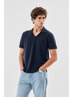 Snitch - Navy Blue Textured Slim Fit Polo T-Shirt