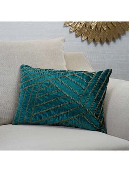 HomeTown - Indian Botanical Grid Beaded Cushion Cover 35 x 50 Cm in Sage Teal Colour