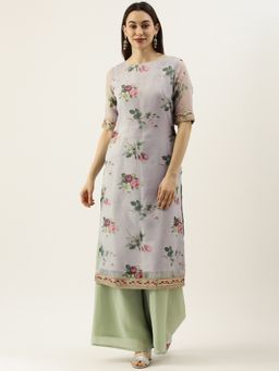 Ethnovog - Ready To Wear Grey Printed Organza Calf Length Kurta Set (Set of 2)