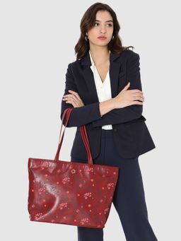 Caprese - Womens Snow Large Maroon Floral Print Office Tote Bag