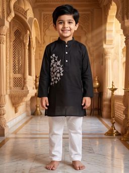AJ Dezines - Black Embroidery Pure Cotton Kurta And Pyjama