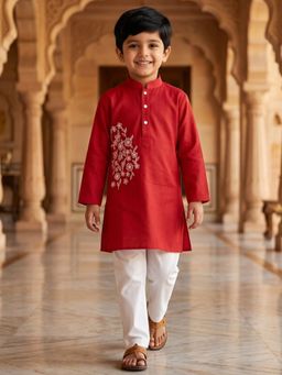 AJ Dezines - Red Embroidery Pure Cotton Kurta And Pyjama