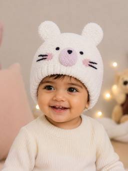 Mi Arcus - Cream Animal Face Design Knitted Warm Cap For Kids