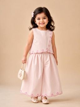 BYB Premium - Girls Light Pink Hand Embroidered Cotton Co-Ord Set
