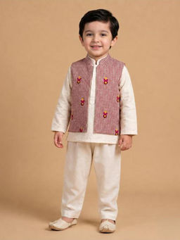 BYB Premium - Boys White Hand Embroidered Kurta Pyjama With Jacket