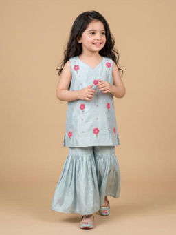 BYB Premium - Girls Blue Floral Embroidered Sleeveless Kurta With Sharara