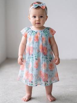 Creative Kids - Baby Girls Blue Floral Printed Dress With Headband