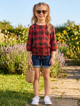 Creative Kids - Girl Checked Round Neck Top