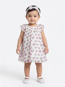 Creative Kids - Baby Girls White Floral Print Polyester Dress And Headband
