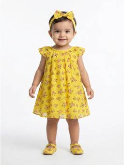 Creative Kids - Baby Girls Yellow Floral Print Polyester Dress And Headband