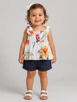 Creative Kids - Baby Girls White Floral Print Cotton Frill Sleeves Top