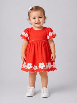 Creative Kids - Baby Girls Coral Floral Embroidered Fit And Flare Dress