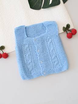 Woonie - Handknitted Sleeveless Cable Knit Cardigan - Blue