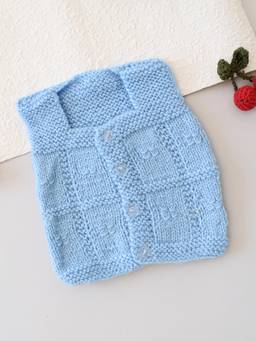 Woonie - Handknitted Sleeveless Self Design Cardigan - Blue