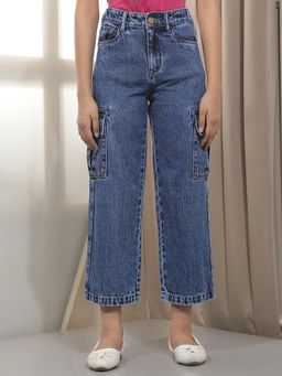 CRIMSOUNE CLUB - Girl's Blue 100% Cotton Cargo Jeans