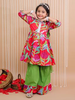 KID1 - Red Cotton Blossom Kurta Sharara With Dupatta