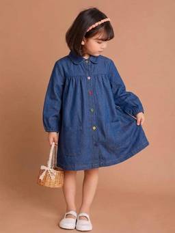 Kidbea - Girls Peplum Style Round Neck Denim Dress