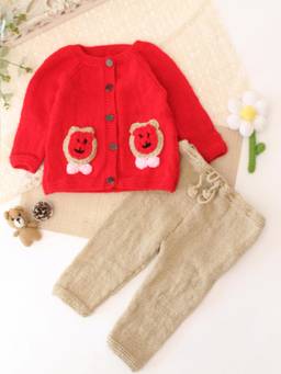 Woonie - Knitted Red Bear Applique Detailed Cardigan And Pant