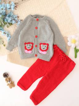Woonie - Knitted Grey Bear Applique Detailed Cardigan And Pant