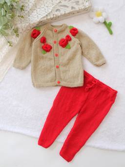 Woonie - Knitted Beige Floral Applique Detailed Cardigan And Pant