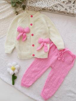 Woonie - Knitted Cream Bow Applique Detailed Cardigan And Pant