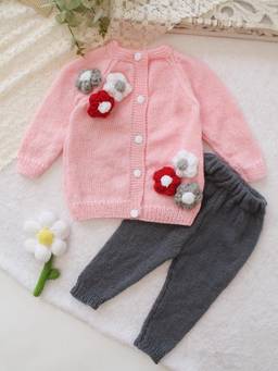 Woonie - Knitted Pink Floral Applique Detailed Cardigan And Pant