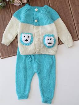 Woonie - Knitted Blue Bear Applique Detailed Cardigan And Pant
