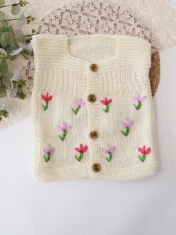 Woonie - Handknitted Floral Self Design Cardigan - Cream