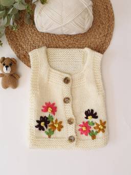 Woonie - Handknitted Floral Self Design Cardigan - Cream