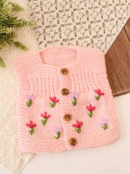 Woonie - Handknitted Floral Self Design Cardigan - Pink