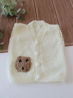Woonie - Handknitted Teddy Face Applique Cardigan - Cream