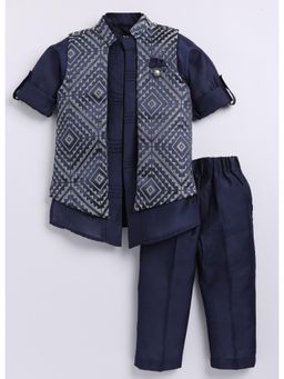 Little Collars - Navy Blue Embroidered Kurta Pyjama And Jacket