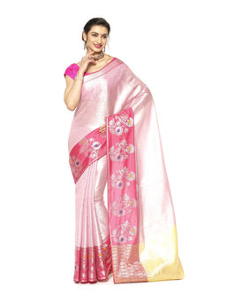 Banarasi Silk Works - Pink Zari Kanchi Silk Tanchoi Meena Saree with Unstitched Blouse