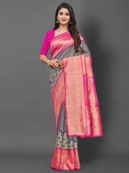 Akhilam - Women Silk Blend Navy Blue Celebrity Saree with Unstitched Blouse