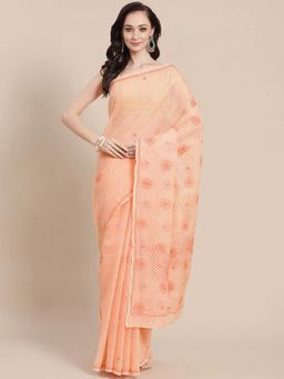 ADA - Hand Embroidered Peach Kota Lucknow Women Chikan Saree with Unstitched Blouse A311350