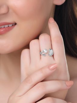 Yellow Chimes - Adjustable White Ring Pearls Rhodium Plated Ring (Pack of 2) (7)