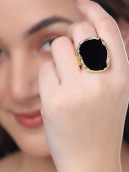 Yellow Chimes - Rings Gold Plated Big Black Chunky Statement Style Ring (7)