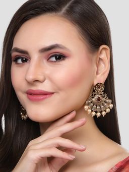 Karatcart - Gold Plated Red Stone and Pearl Studded Dangler Earrings for Women