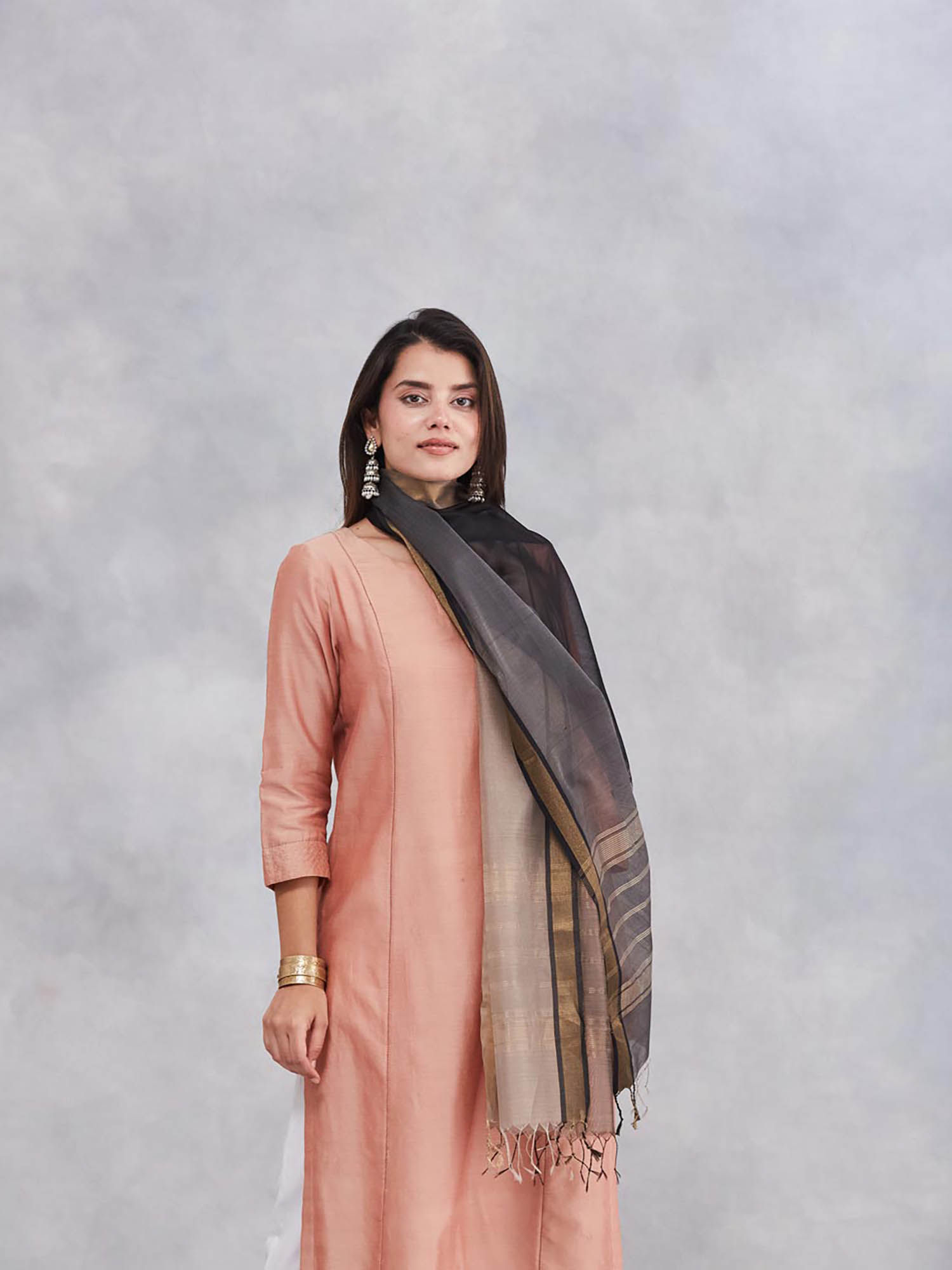 Grey Cotton Silk Blend Stole-image-37