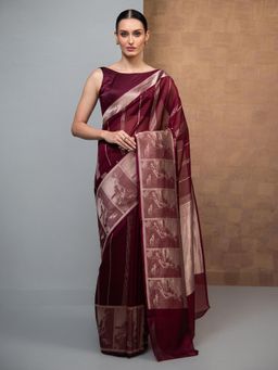 Sacred Weaves - Maroon Stripe Silk Handloom Banarasi Saree