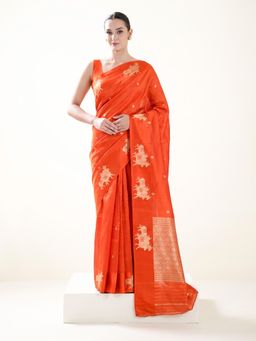 Sacred Weaves - Dark Orange Booti Pure Silk Handloom Banarasi Saree