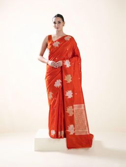 Sacred Weaves - Dark Orange Booti Katan Silk Handloom Banarasi Saree